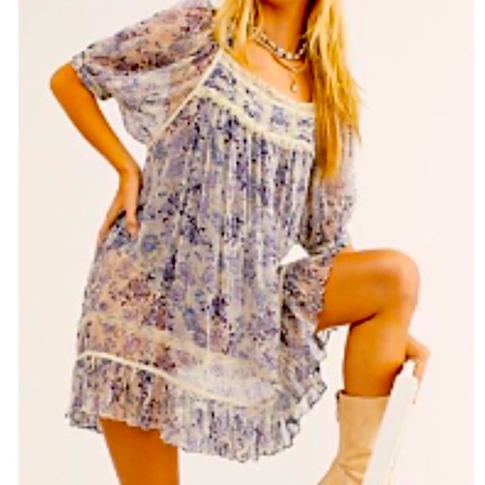 FREE PEOPLE MORE THAN A FEELING TUNIC/MINI DRESS BEAUTIFUL BLUES WITH CREAM S
